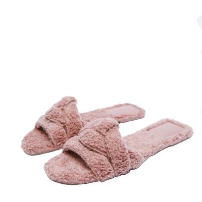 China New product spring and autumn damping trend popular fashion hair fetter cross belt artificial fur hair casual flat sandals for sale