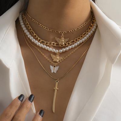 China 2021 Fashion Punk Star 18k Gold Charm Stainless Steel Bead Angelic Butterfly Layered Necklace for sale