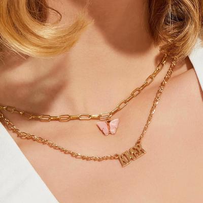 China FASHIONABLE Gold Plated Butterflies Stainless Steel Double Layer Chain Women Gold Letter-Chain Multilayer Butterfly Necklace for sale