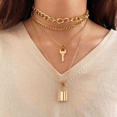 China Korean FASHIONABLE Crystal Woman Miner Multi-Layer Lasso Heart Chunky Lock and Key Necklace for sale