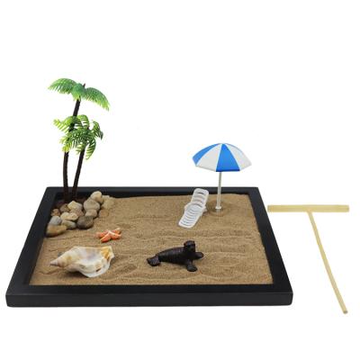 China Wholesale Europe DIY Meditation Hawaii Beach Mini Zen Sand Garden Desktop With Coconut Tree Sea Lion Conch for sale