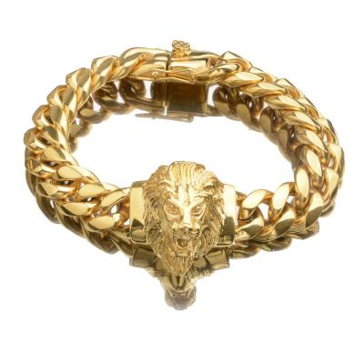 China Punk Rock 14mm Lion Head Curb Cuban Chain 18k Gold Heavy Stainless Steel Bracelets Jewelry Men Hiphop Bracelet for sale