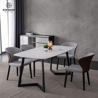 China Easy To Clean Rectangle Heat Resistant Metal Rock Dish Table Anti Scratch Leg Top Solid Wood Dining Table Set for sale