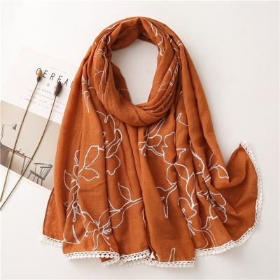 China Elegant in luxury hijab 2021 stock embroidery scarf women luxury scarf shawls large size cotton muslim headscarf for sale