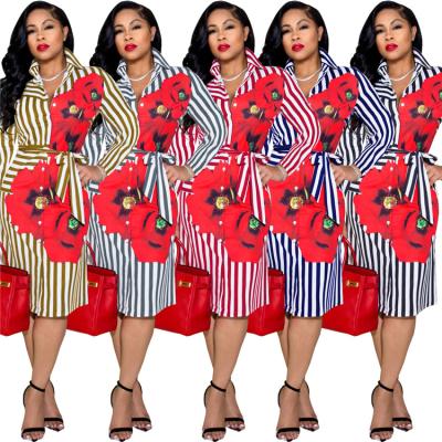 China Popular Women Breathable Breathable Plus Size Fashion Lapel Autumn Casual Dresses Striped Shirt Dress for sale