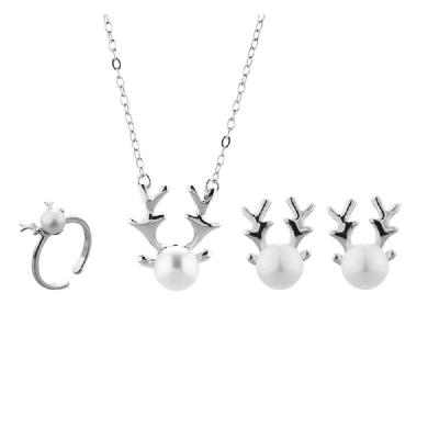 China Contracted Fashion 925 Silver Antler Stud Earrings Rings, Necklaces, Exquisite Elks Pearl Jewelry Set for sale