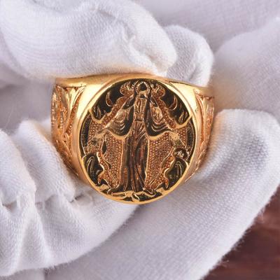 China Virgin Mary Hand Carved Religious Rings 18k Gold Plated To Couple Antique Brass Jewelry Cross Ring for sale