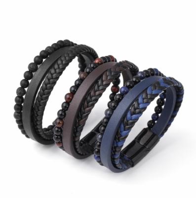 China Fashion Nature Stone Multilevel Leather Stainless Steel Woven Couple Beading Bracelet for sale