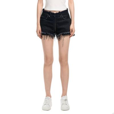 China Custom 100% Anti-wrinkle black cotton blue ladies denim shorts whip label mid waist zipper denim shorts long for sale