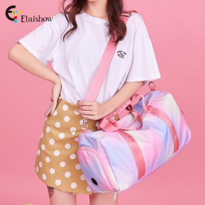 China Custom Logo Overnight Pink Rainbow Sport Gym Women Weekend Bag Rainbow Waterproof Duffle Bag Travel With Shoe Compartment for sale