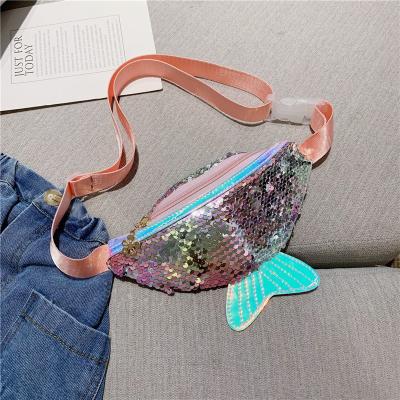 China 2021 Water Proof Cute Fishtail Kids Girls Waist Bag Kids Glitter Sequin Belt Cartoon Paillette Cartoon Coin Clips Travel Sequin Trunk Bag for sale