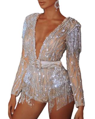 China New 2021 QUICK DRY nightclub spring/jumpsuit temperament shorts jumpsuit deep V summer fringe shimmer for sale