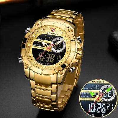 China Male Date NAVIFORCE Clock Watches Men Sports Wrist Watch Gold Display Waterproof Steel Military Automatic Quartz Dual Relogio Masculino 9163 for sale