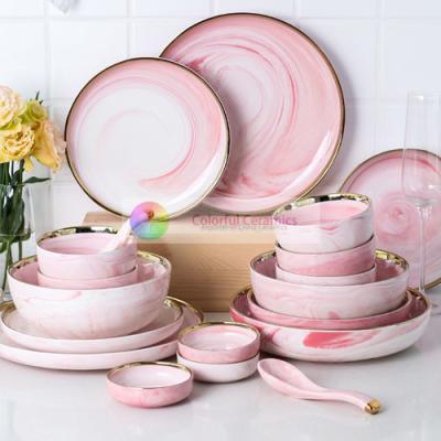 China high quality ceramic gold decal marble glaze dinnerset ceramics mug salad bowl dessert plate household for sale