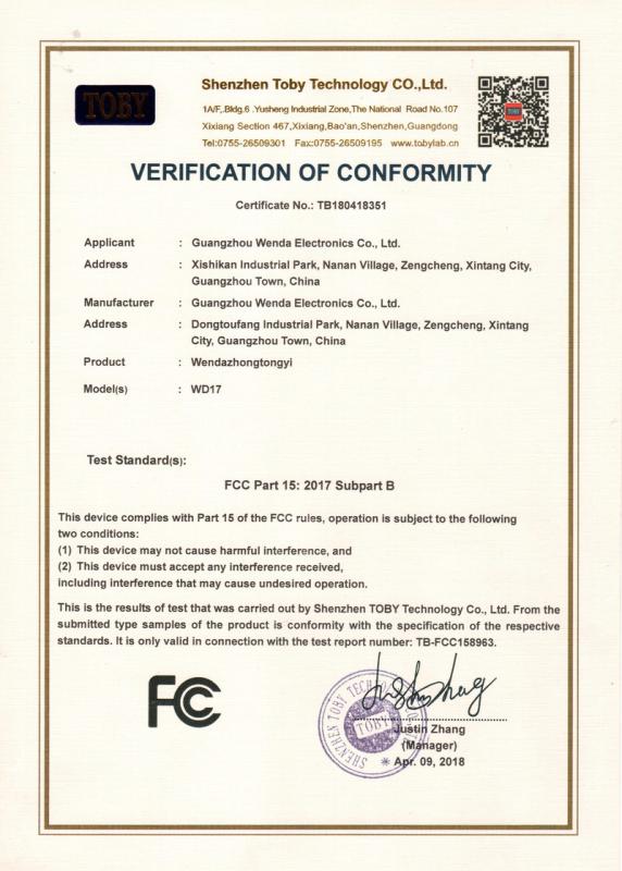 FCC - Guangzhou Wenda Electronics Co., Ltd.