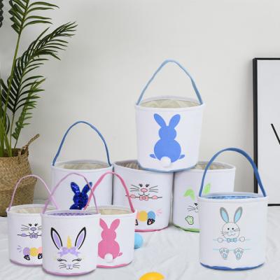 China 2022 Cheap Cotton Large Egg Display Bag Sublimation Kids Cotton Bucket Bag White Polka Dots Easter Bunny Basket for sale