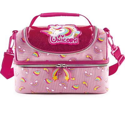 China 600D Insulated Cute Pink Rainbow Unicorn Lunch Bags For Kids Girls Food Delivery Bag Cooler Bag for sale