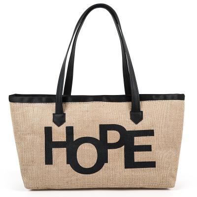 China Lady Custom Logo Recycle Large Burlap Bags PVC Hemp Shopping Bag Jute Leather Oversized Tote Bag for sale