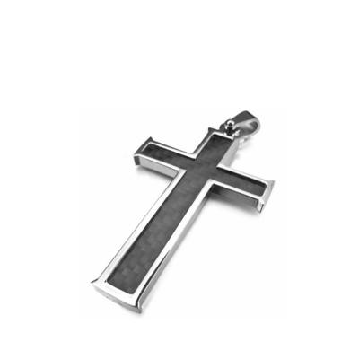 China Religious Vintage Polished Mens Stainless Steel Carbon Fiber Pendant Necklace Silvery Black Cross for sale