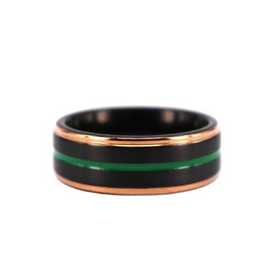 China Casual/Sporty Green Resin Tungsten Wedding Band Black Tungsten Ring With Rose Gold Step Edge Black Tungsten Ring for sale