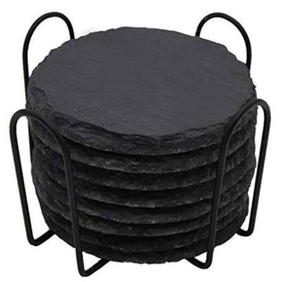 China Sustainable Retro Black Slate Coasters Set Round Cup Fin Iron Frame Page Heat Shielding Pad for sale