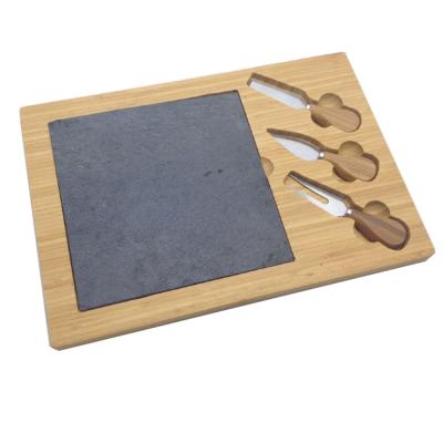 China Hot Selling Sustainable 3 Piece Cheese Knife Tool Slate And Bamboo Cheese Cutting Board With Cutter for sale