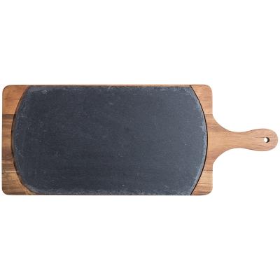 China New Country Benefits Shake Serving Black Food Serving Dinner Pizza Supply Wooden Dish with Punch Handle Natural Slate Stone Dish for sale