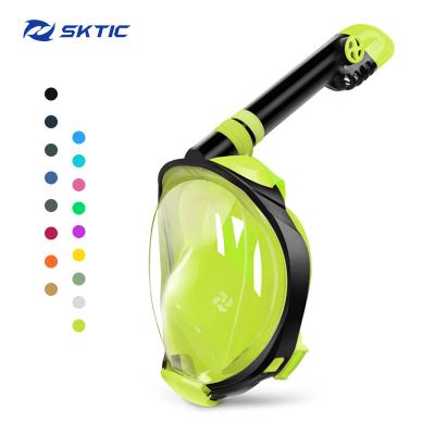 China 180 Wide View SKTIC Factory Customized S M L Underwater Full Face Double Breathing Tubes Mask Anti Fog Leak Snorkel Mask Swim Training Mask for sale