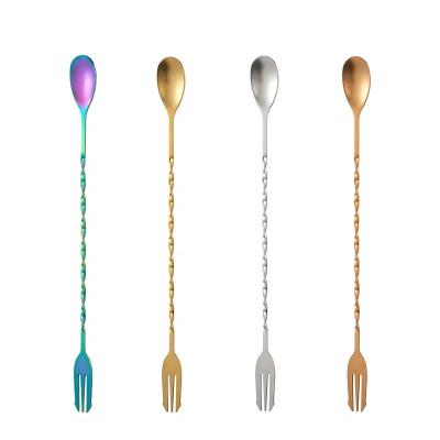 China Viable 2 in 1 Long Handle Gold Color Cocktail Fork and Mixing Spoon, Iced Stainless Steel Metal Whiskey Bar Spoon Set 4pcs for sale