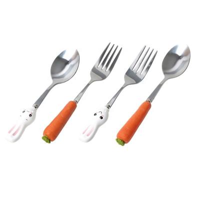 China 4pc Stocked Cute Cartoon Stainless Steel Cutlery Flatware Western Set, Baby Cartoon Rabbit Carrot Fork For Fruit Party for sale