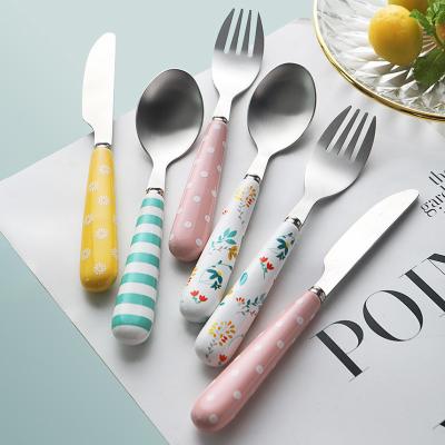 China Viable Marble Ceramic Handle 3PCS 304 Stainless Steel Thin Gold Silverware Portable Flatware Set, Cutlery Steak Knife Fork Spoon Suit for sale