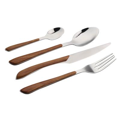 China Factory Viable Wholesaler Jieyang Wooden Handle Flatware Set Stainless Steel Wooden Cutlery Set With Plastic Kitchen Home Decoration for sale