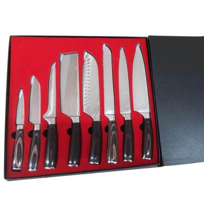 China Amazon Viable 8Pcs Kitchen Knife Set Damascus Style Chef Vegetable Meat Knife Set With Pakka Wood Handle With Gift Box for sale