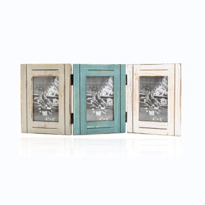 China Eco-Friendly Rustic Triple Picture Frame 3 Folding 4x6 Hinged Triple Distressed Photo Frame For Home Office Office for sale