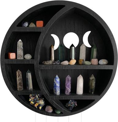 China Easy Assembly Moon Phase Boho Wooden Floating Rustic Shelf For Displaying Crystals Stone And Small Plant for sale