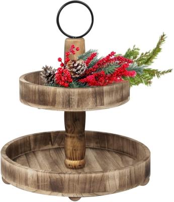 China Eco-Friendly Wooden Vintage Rustic 2 Tier Serving Tray Stand For Winter Christmas Decor for sale