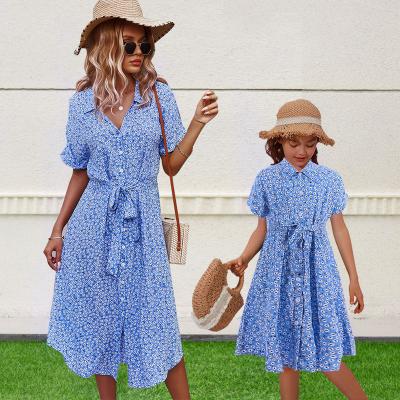 China Wholesale price temperament mother and daughter shirt button waist strap slit dress holiday travel mother anti-shrink dress for sale