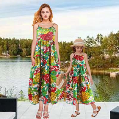 China Wholesale Price Anti-Shrink Mother and Daughter Dress Women's Adjustable Straps Bohemian Flowers Beach Elegant Parent-child Clothing for sale