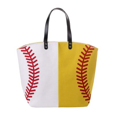 China 100% Eco-Friendly Baseball Sports Monogram Tote Bag Large Capacity Shoulder Handbags XL Baseball Lace Up Printing Canvas Cotton Quilting Shopping Bag for sale