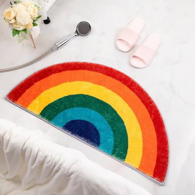 China Non Slip Huirong Rainbow Pattern Flock Blanket Faux Wool Bath Room Water Absorbent Half Round Mat Anti Slip Half Bath Mat for sale