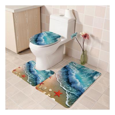 China Sustainable Toilet Mat Set 3 Pieces Non Slip Flannel Printed Bath Mat Set Rug Cover Set Bathroom Rugs for sale