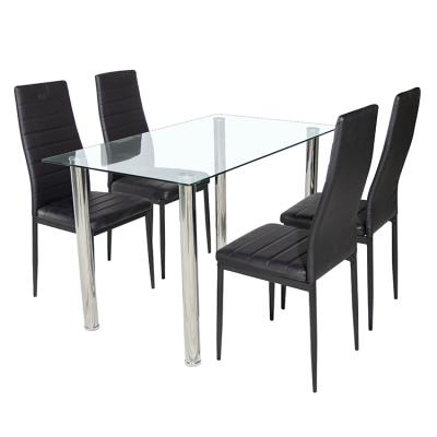 China Simple Cheap Glass Dining Table Set And Black White Dining Chair 4 Or 6 Faux Leather For Small Apartment for sale