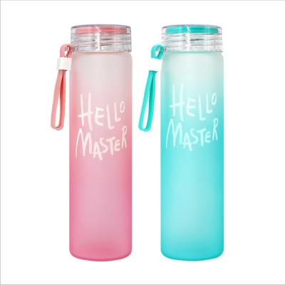 China 480ml Beverage Cylinder Frosted Colorful Portable Wide Mouth Grinking Reusable Glass Water Bottle With Plastic Cap for sale