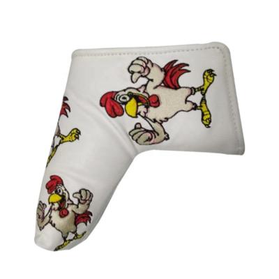 China Customized Funny Chicken Embroidery White Leather Strong Magnetic Club Blade Golf Putter Head Cover Accepted Customized for sale