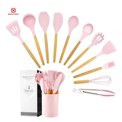 China 11 Pcs Kitchen Spoon Viable Soup Pouch Slotted Turner Whisk Tongs Brush Pasta Server Silicone Cookware Set With Wooden Handle for sale