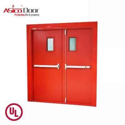 China ASICO Bangladesh Alliance Accord Modern Double Leaf Fire Rated Fireproof Steel Door with Vision Panel and Panic Push Bar for sale