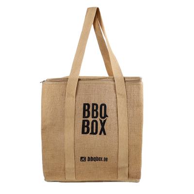 China Factory Wholesale Jute Waterproof Custom Printed Logo Portable Outdoor Exquisite BBQ Insulation Jute Cooler Bag for sale