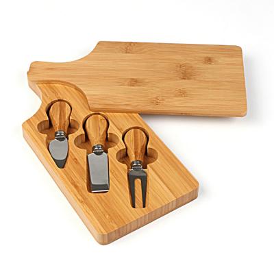 China Sustainable Cheese Board Natural Bamboo Cheese Board With 3 Piece Tools Cheese Tray Hidden Cutlery Drawer for sale