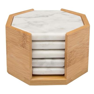 China Pre-Assembled Sustainable Hexagon 5 Directs Drink White Marble Coaster With Bamboo Stand for sale