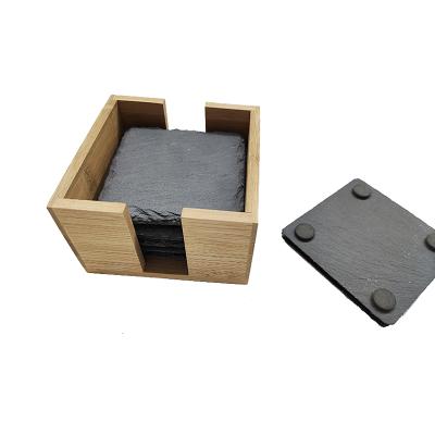 China Sustainable Dressed Black Stone Slate Coaster Natural Whiskey Cup Tea With Wooden Stand For Drink for sale